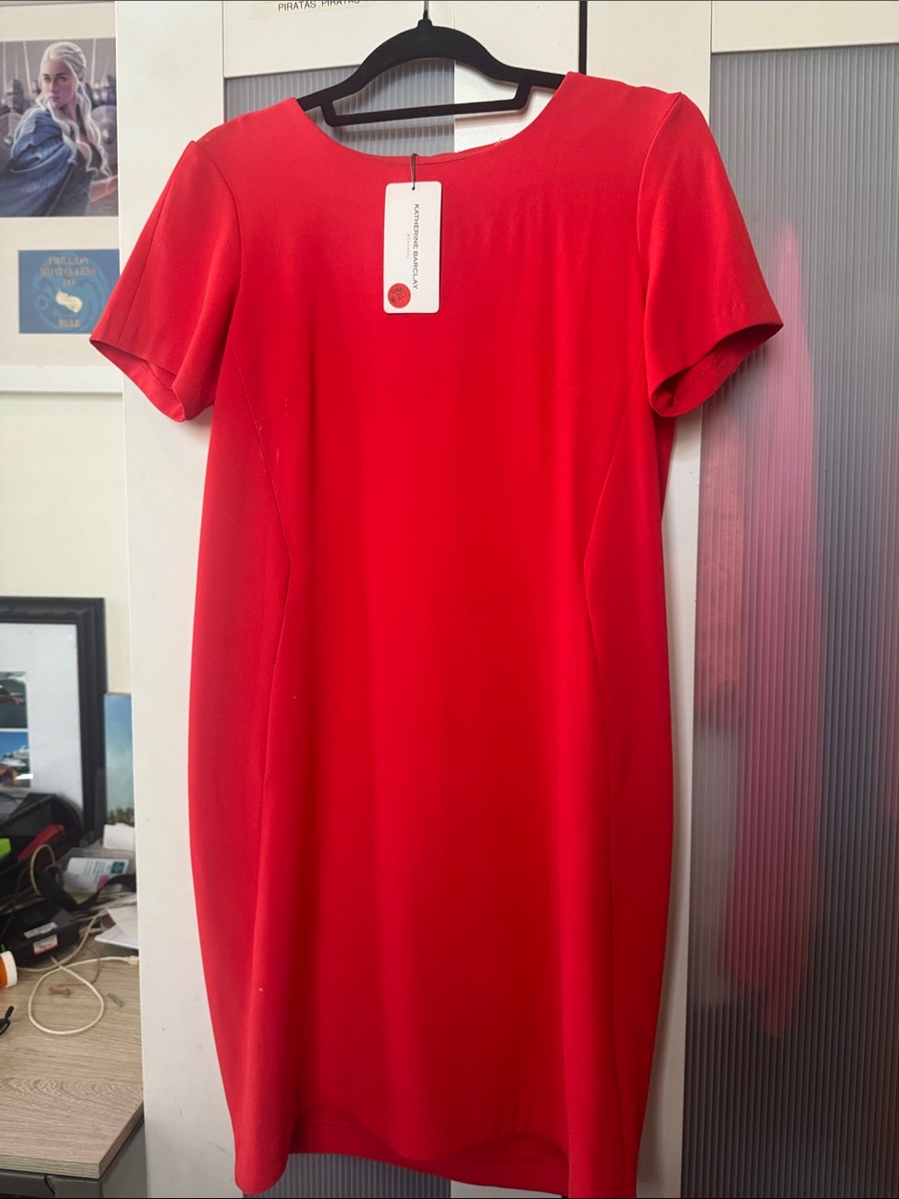 Katherine Barclay Bold Red Short-Sleeve Midi Shift Dress